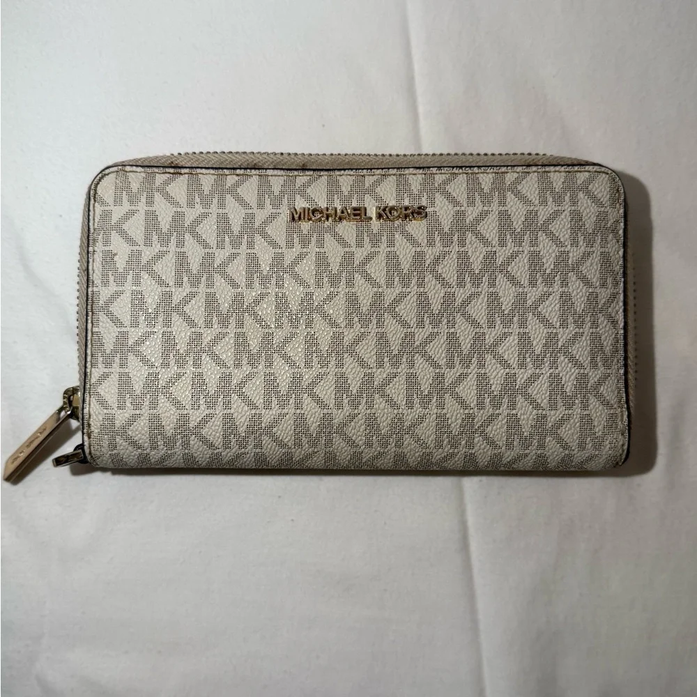 Michael Kors Beige Logo Zip-Around Wallet with Gold Hardware